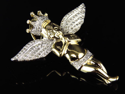 1.5" Yellow Gold 3D Crowned Lab Grown Diamond Angel Pendant