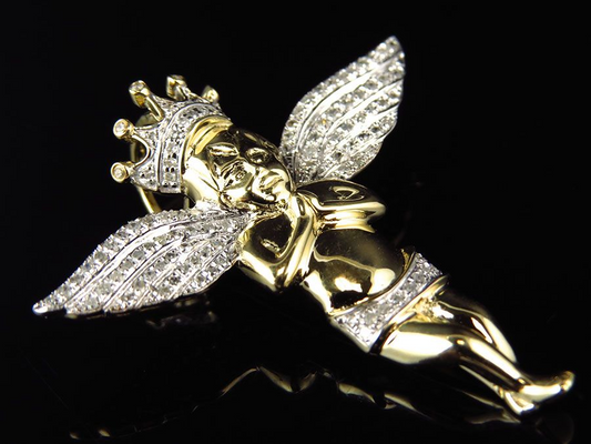 1.5" Yellow Gold 3D Crowned Lab Grown Diamond Angel Pendant