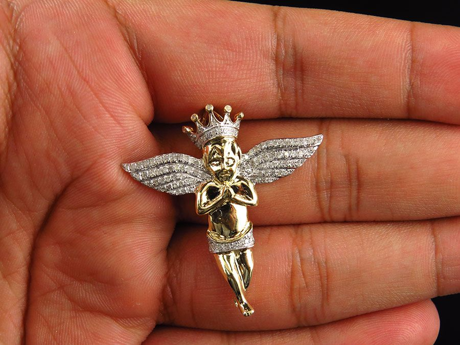 1.5" Yellow Gold 3D Crowned Lab Grown Diamond Angel Pendant