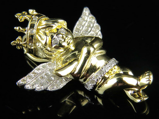 1" 10K Yellow gold Lab Grown Cross Crown Angel Pendant