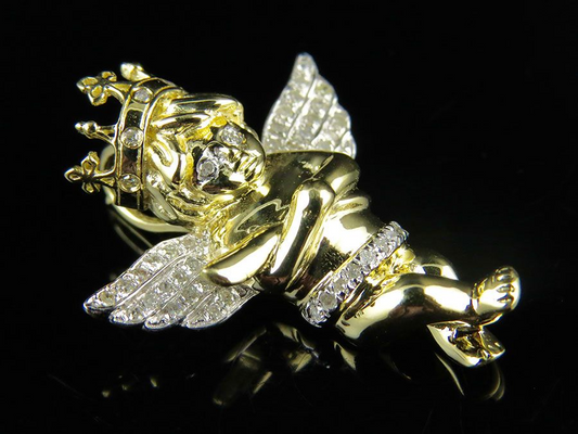 1" 10K Yellow gold Lab Grown Cross Crown Angel Pendant