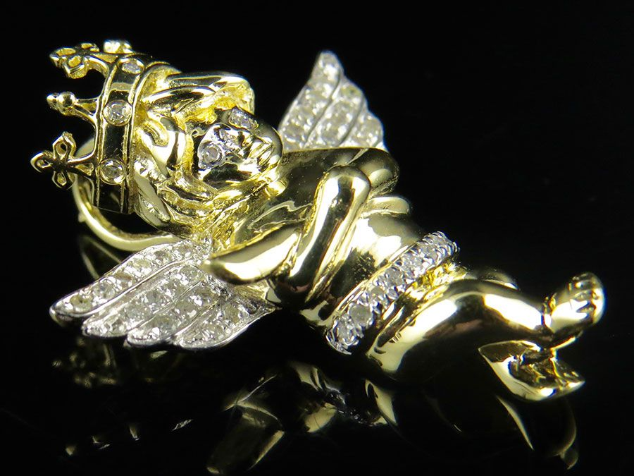 1" 10K Yellow gold Lab Grown Cross Crown Angel Pendant