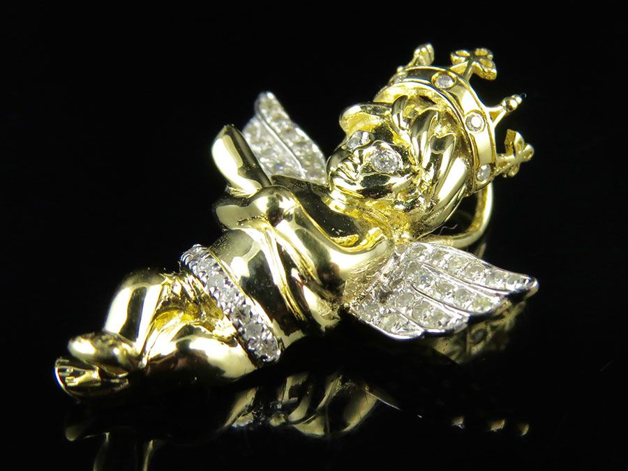 1" 10K Yellow gold Lab Grown Cross Crown Angel Pendant