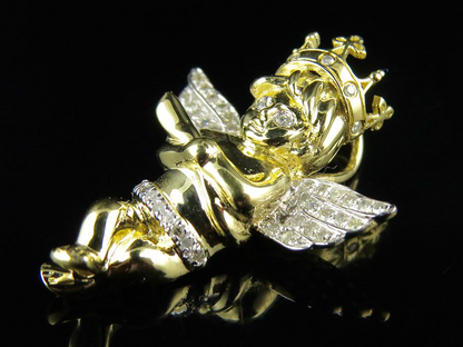 1" 10K Yellow gold Lab Grown Cross Crown Angel Pendant