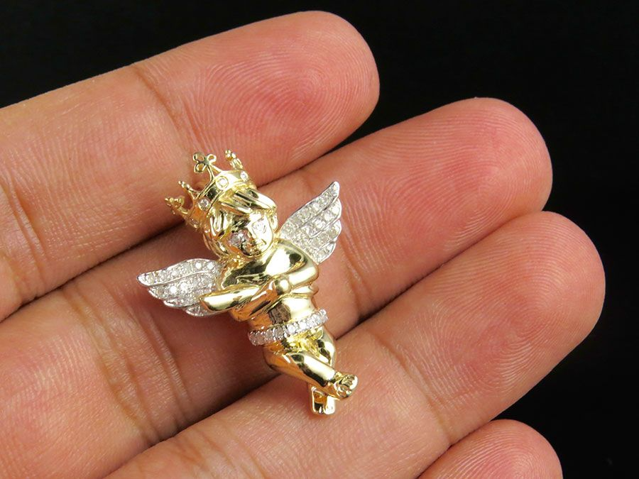 1" 10K Yellow gold Lab Grown Cross Crown Angel Pendant