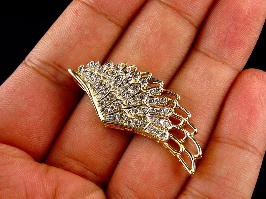 1.75" 10K Yellow Gold Lab Grown Diamond Single Angel Pendant