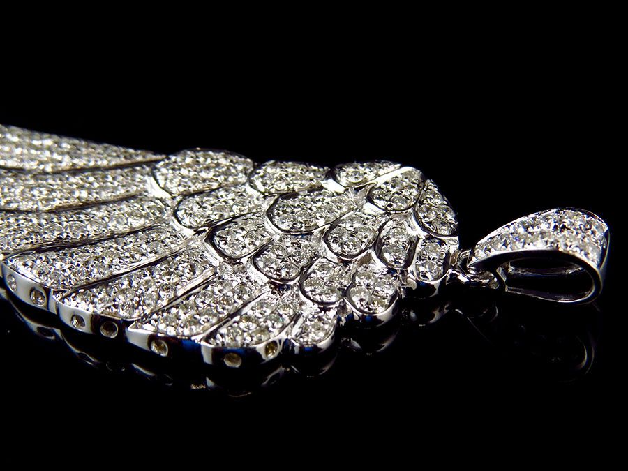 2.25" Solid white Gold Single Angel Wing Lab Grown Diamond Pendant