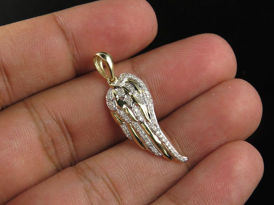 10K Yellow Gold Lab Grown Diamond Single Angel Wing Diamond Pendant