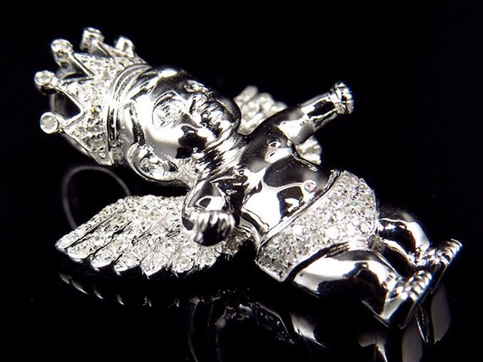 1.25" 10K White Gold Crowned Angel Lab Grown Diamond Pendant