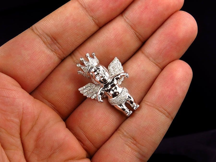 1.25" 10K White Gold Crowned Angel Lab Grown Diamond Pendant