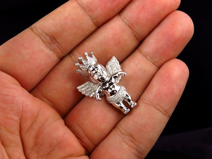 1.25" 10K White Gold Crowned Angel Lab Grown Diamond Pendant
