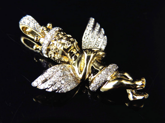 1.25" 10k Yellow Gold Crowned Lab Grown Diamond Angel Charm Pendant