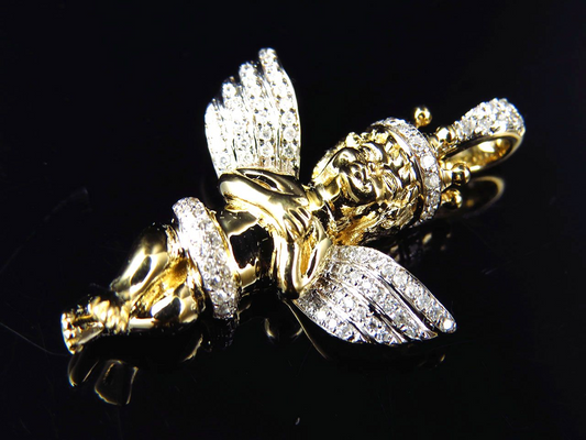 1.25" 10k Yellow Gold Crowned Lab Grown Diamond Angel Charm Pendant