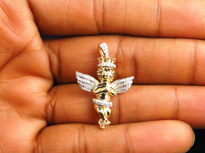 1.25" 10k Yellow Gold Crowned Lab Grown Diamond Angel Charm Pendant