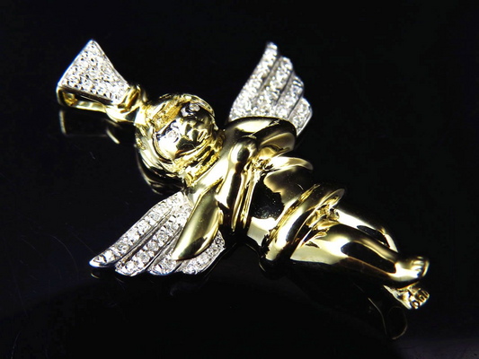1.25" 10K Yellow Gold Lab Grown Diamond Wingspan Angel Pendant