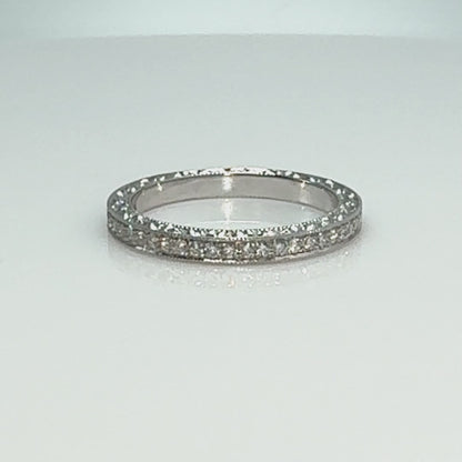 18k White Gold Engraved Bright Cut Lab Grown Diamond Eternity Band