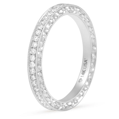 18k White Gold Engraved Bright Cut Lab Grown Diamond Eternity Band