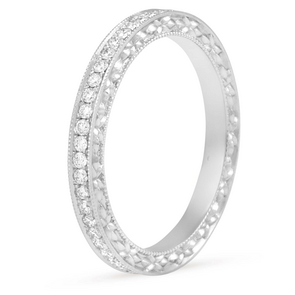 18k White Gold Engraved Bright Cut Lab Grown Diamond Eternity Band