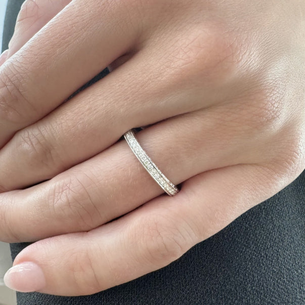 18k White Gold Engraved Bright Cut Lab Grown Diamond Eternity Band